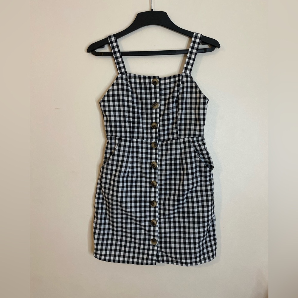 Black & White Gingham Button-Front Mini Dress with side pockets